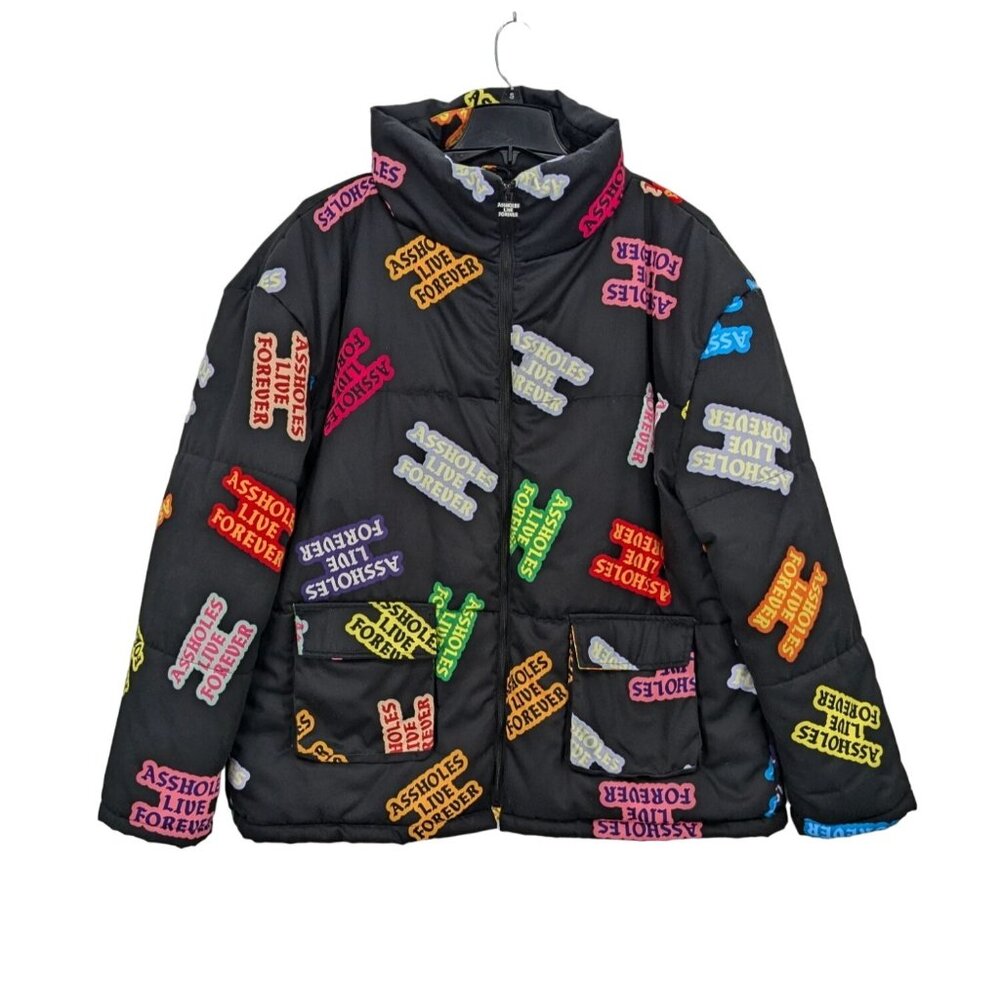 A**holes Live Forever Puffer Jacket Size XL Zip Up Spell Out Gorpcore Streetwear